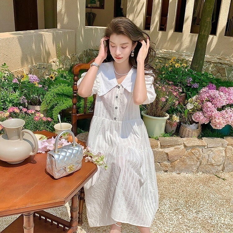 【短納期】Aラインワンピース セーラーカラー フリル ボリューム袖 半袖 フレア 白 ワンピース リゾートワンピ ロングワンピ ミディアム丈 膝下 ミモレ丈 ガーリー フェミニン おしゃれ 体型カバーシャツワンピ