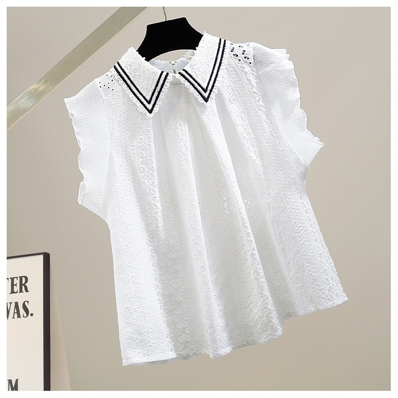トップス シャツ ノースリーブシャツ 襟付き プルオーバー バックジップ ショート丈 透かし編み かわいい 大人可愛い きれいめ シンプル 上品 おしゃれ かっこいい カジュアル こなれ感 個性的