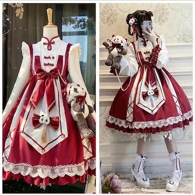 ロリータドレス チャイニーズスタイル パンダ 長袖 レッド チョンサン ロリータドレス ハロウィンqoo10