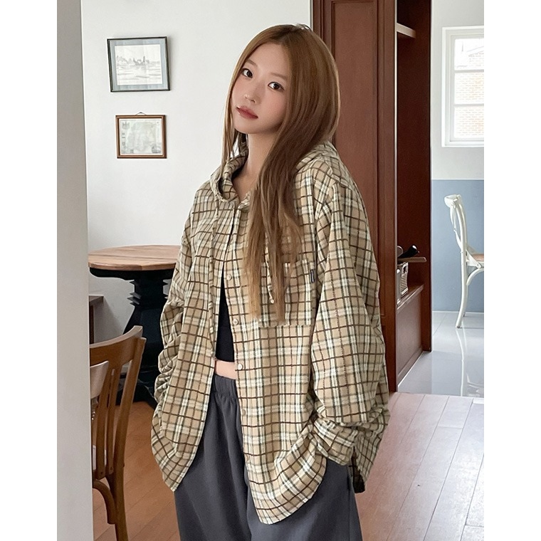 ポイント ラベル チェック フード シャツ/POINT LABEL CHECK HOOD SHIRT／韓国スタイル