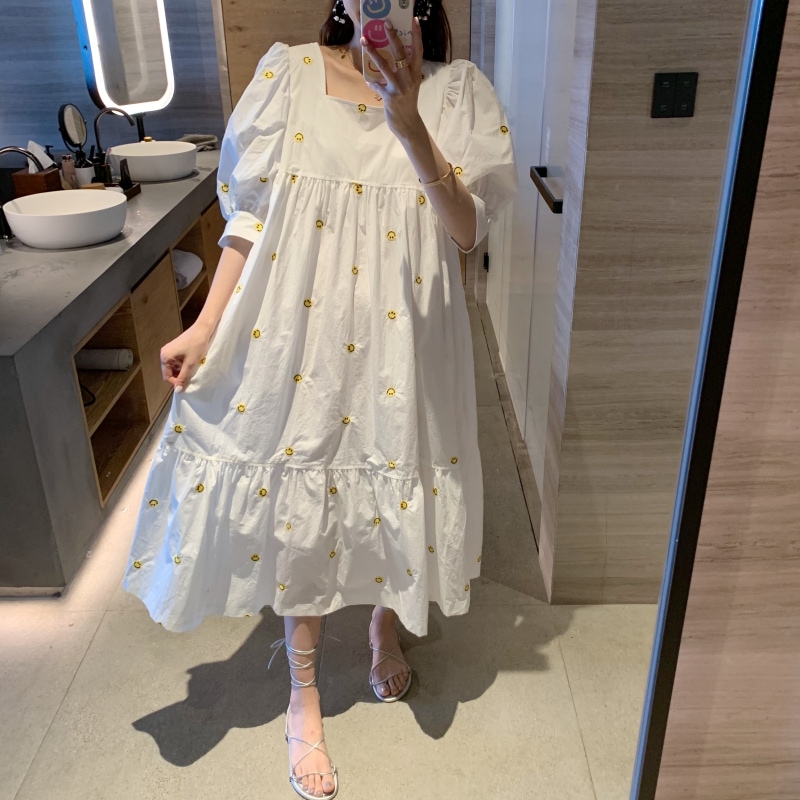 ワンピース レディース ティアードワンピース ロング丈 袖あり 5分袖 パフスリーブ スクエアネック