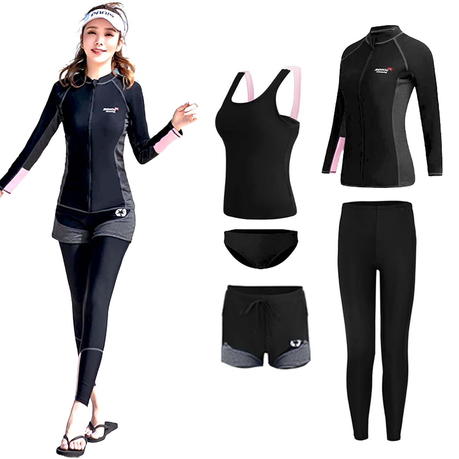 [Volsha] 水着 レディース ラッシュガード 5点セット体型カバー フィットネス セット カバーアップ タンキニ UVカット 前開き 吸汗速乾…