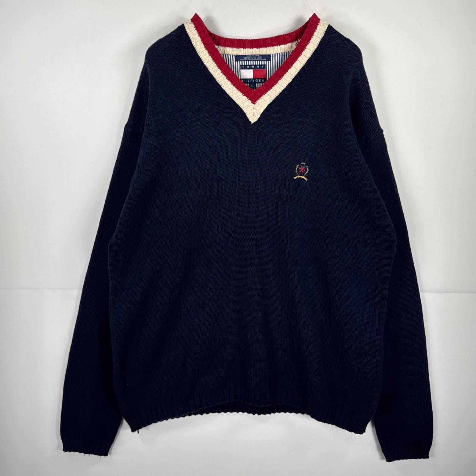 古着 90s/90年代 長袖 ニット Ｖネック ワンポイント 刺繍 セーター XL ネイビー メンズ