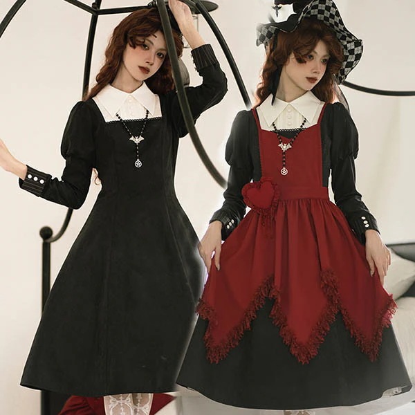 ワンピース ロリータ ハロウィン 魔女風 ウイッチ 魔法使い ミモレ丈 レディース ゴスロリ ハイウエスト Aライン ロリィタファッション 長袖 ロリータワンピース コスチューム コスプレ 衣装 可愛