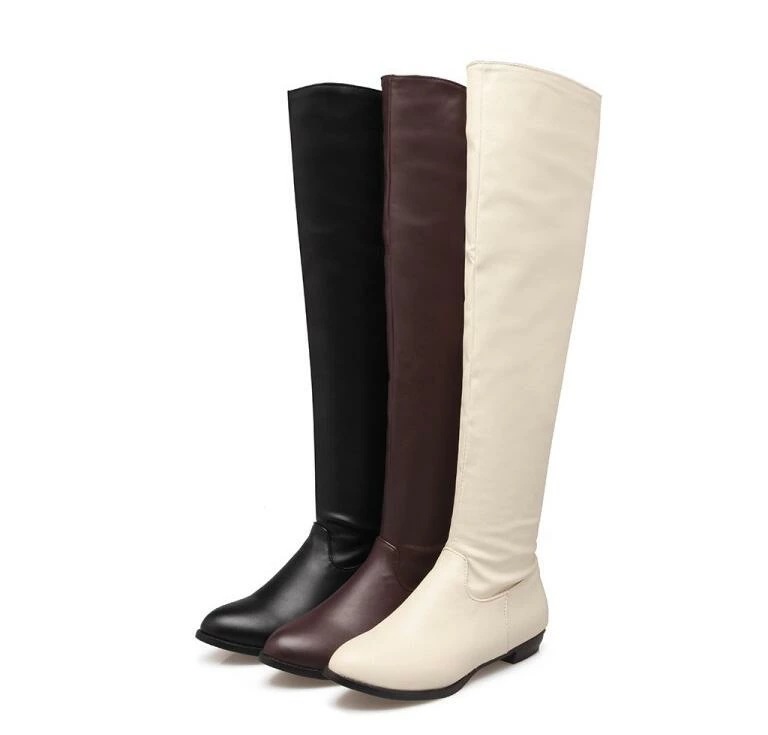 レディースブーツ　ニーハイブーツ　ジョッキーブーツ　ロングブーツ　大きいサイズ　22cm　29cm　長靴　合皮　ロングブーツ　ロング丈　秋冬　ローヒール　2.5cm　 厚底 黒　ブラック