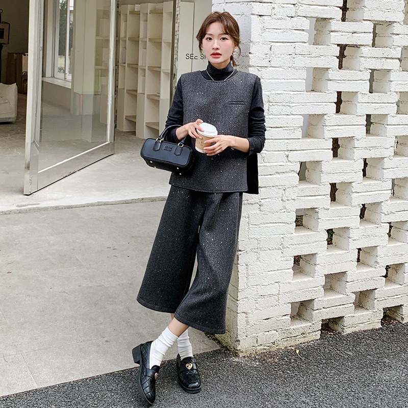 韓国のスパンコール小さな香ツイードウエストコートスーツ2025新しいファッション気質ワイドパンツ3点セット