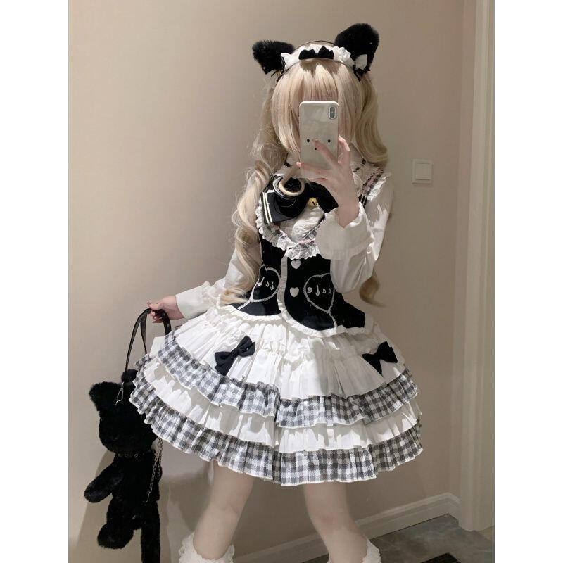 ロールプレイングプレッピースタイル甘いちょう結びシャツウエスト痩身カラーブロック冬ドレスベストパッチワークチェック柄レイヤードパフスカート3点セット