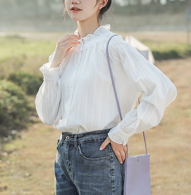 トップス レディース シャツ ブラウス 袖あり 長袖 スタンドカラー フリル かわいい 大人可愛い きれいめ シンプル 大人 上品 おしゃれ お洒落 かっこいい 大人可愛い 大人女子 こなれ感