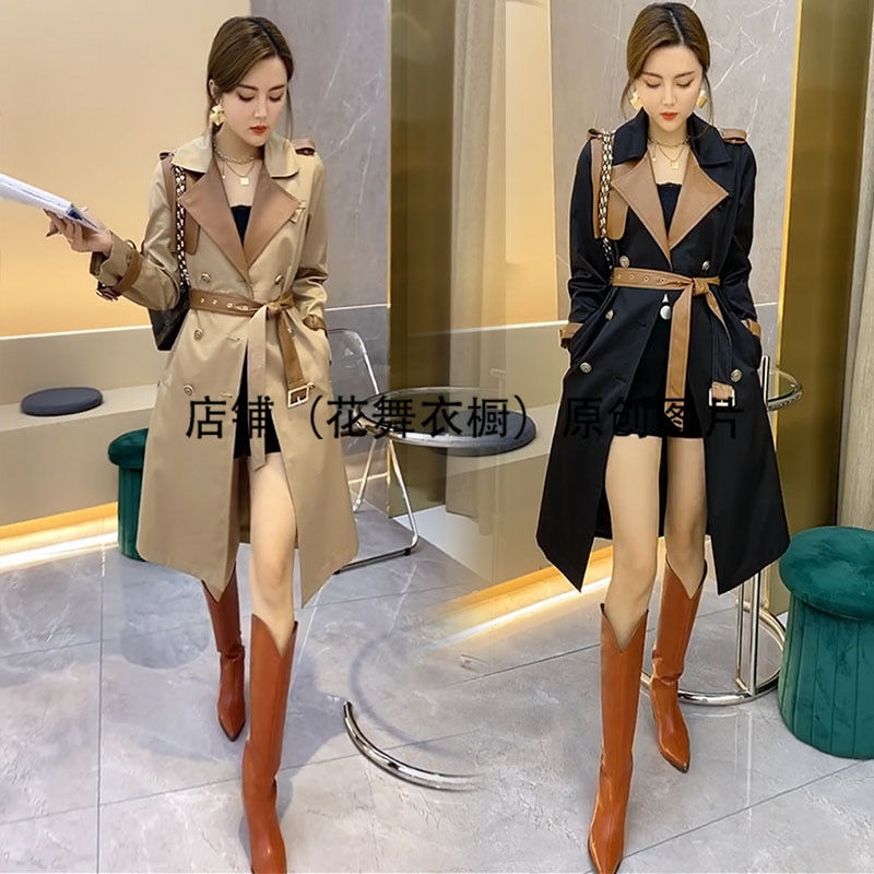 2024新しいライトラグジュアリースタイルレディラペルスプライシングコントラストカラーラペルミッドレングスウインドブレーカースリムでパーソナライズされた春と秋のトレンディな個性