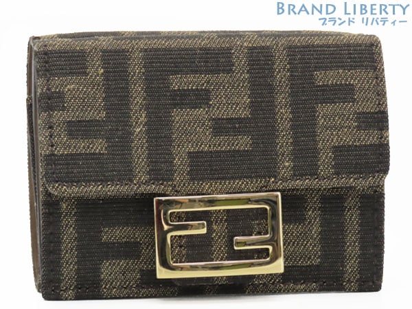 新品同様フェンディズッカバゲットマイクロ三つ折り財布コンパクト財布ミニウォレットブラウンダークブラウンキャンバス8M0395