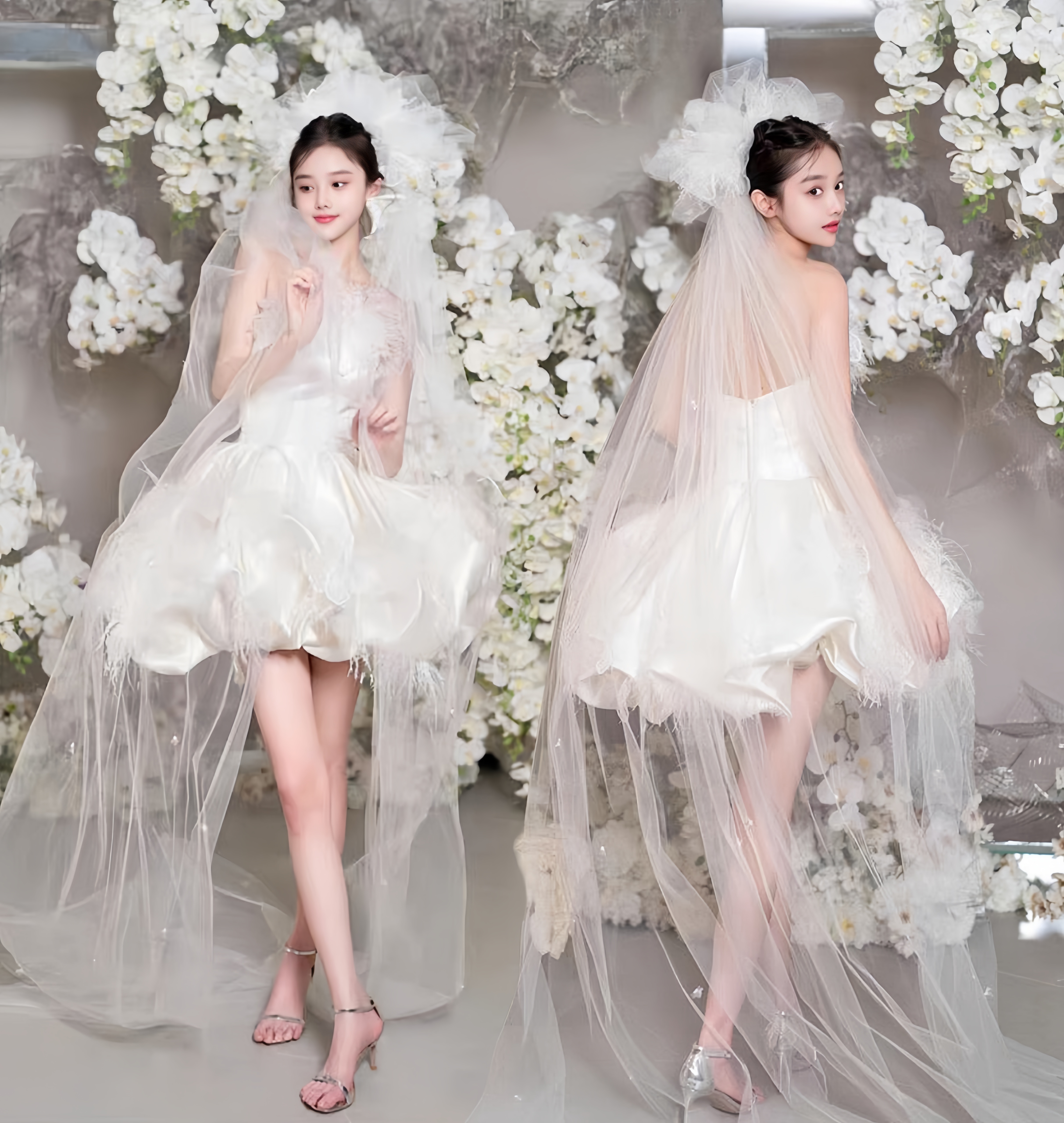 ウェディングドレス スレンダー ホワイト 前が短く後ろが長い 花嫁 披露宴 二次会 前撮り 白ワンピース ドレス　フォトウエディング ショート丈ドレス フェザーモチーフ 大人 大きいサイズ