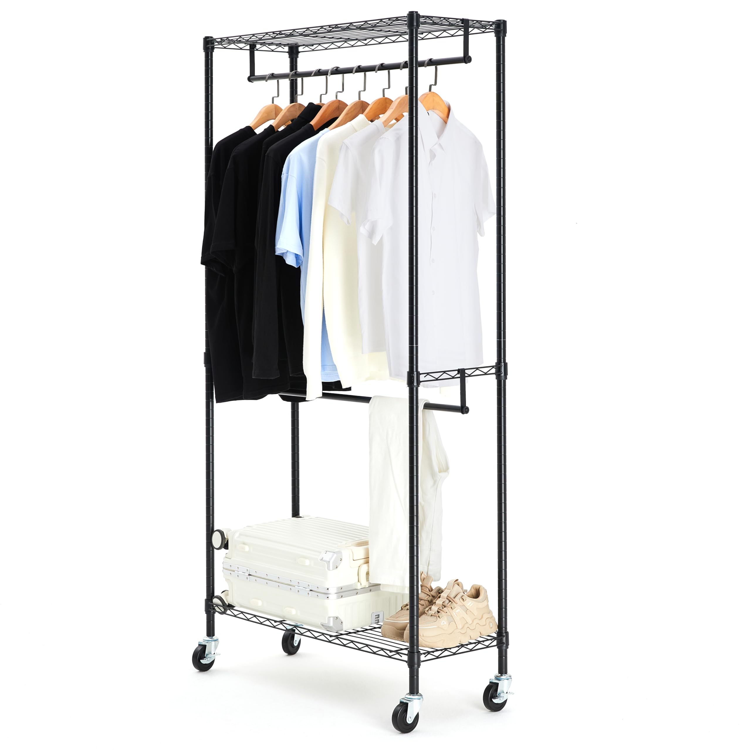 Amazonベーシック ハンガーラック 2段 衣類用 キャスター付き 棚付き 耐荷重181kg, 91.4 x 35.6 x 182.9 cm, ブラック