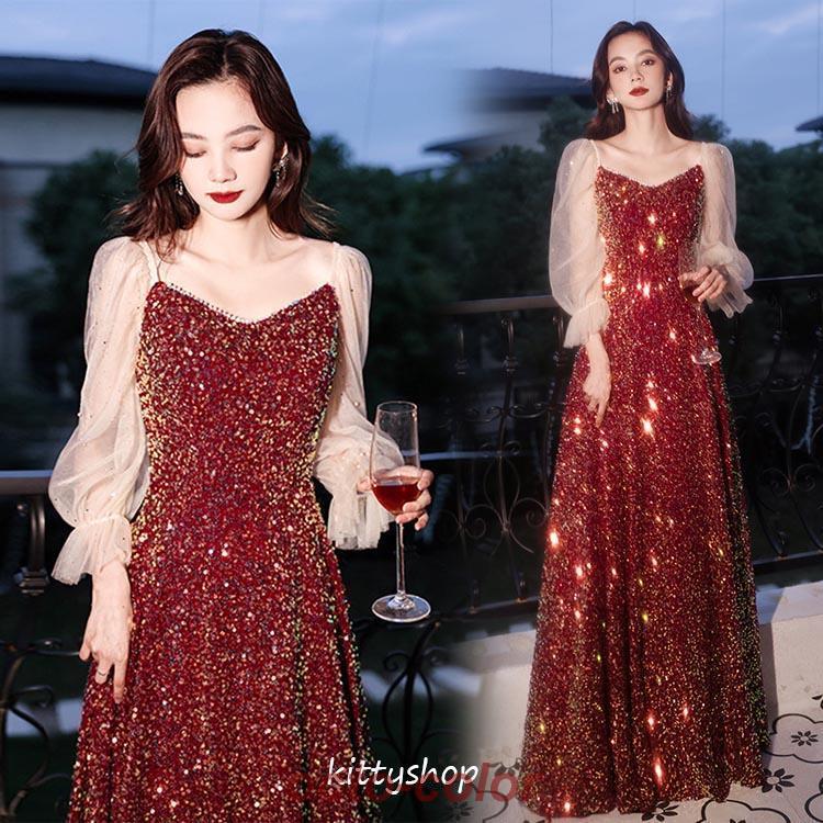 結婚式ドレス 二次会ドレス ワイン赤 ロング丈 キラキラ スパンコール ロングドレス 発表会ドレス Aライン ドレス パーティードレス XS S M L XL XXL XXXL30%までに制限