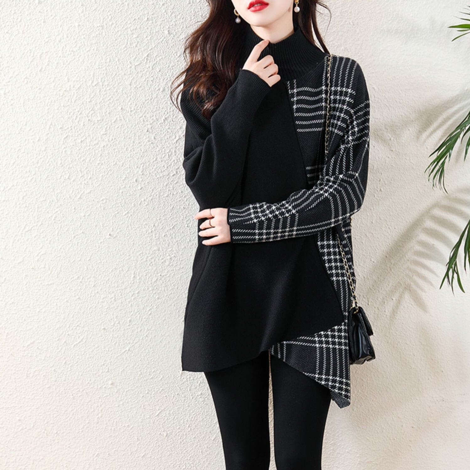 トップス ニットソー セーター ロング ロング丈 不規則丈 袖あり 長袖 襟なし セミタートルネック セミフレア スリム 細身 Aライン 切り替えデザイン ドッキング 切り替えデザイン かわいい