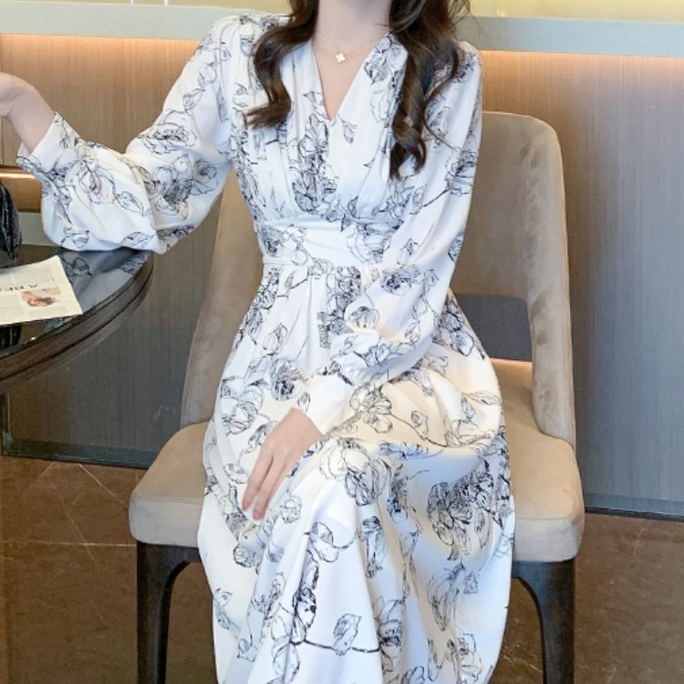 ワンピース ミモレ丈ワンピース 長袖 パフスリーブ Vネック ウエストマーク ハイウエスト セミフレア かわいい 大人可愛い きれいめ シンプル 上品 おしゃれ かっこいい カジュアル こなれ感