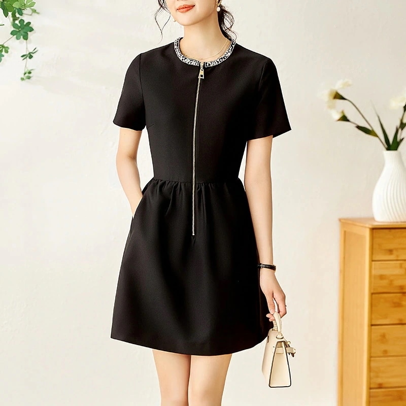 新しいダイヤモンドフロントジップウエスト細いAラインの女性のドレス その他 ワンピース ドレス