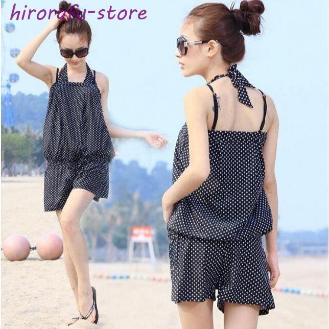 水着3点セット レディース 体型カバー ビキニ サロペット ママ水着 大きいサイズ ドット柄 海水浴 温泉 20代 30代 40代 50代 みずぎ