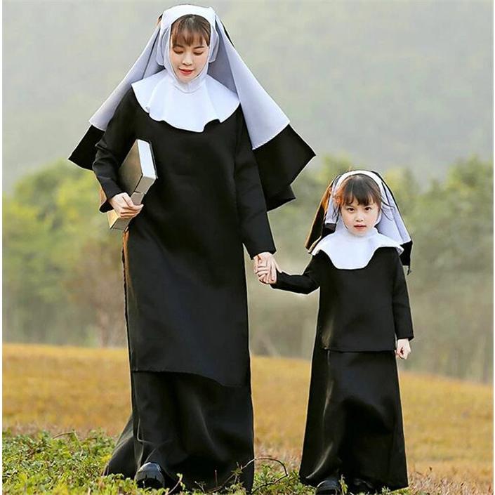 【新発売&・激安販売】コスプレ 仮装 親子ペア 修道女 ハロウィン 子供 大人 女性 聖女 修女 シスター 宣教師 衣装 お揃い レディース キッズ 2点セット ワンピース 大きいサイズ