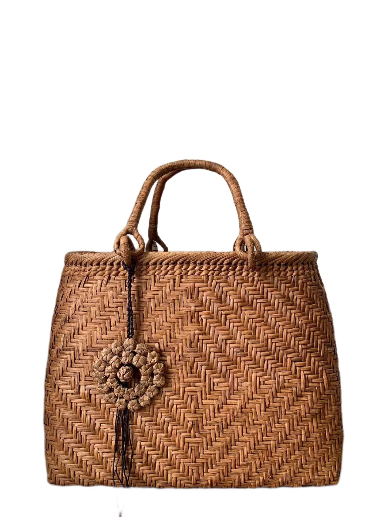 山葡萄 手作り 籠バッグ 細ひご 内布あり チャーム付き (約)幅31本体高さ25マチ12cm