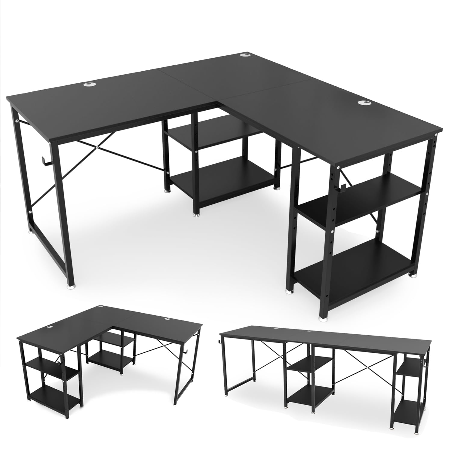 ゲーミングデスク 幅140cm/220cm 奥行60cm 左右入替え可能 パソコンデスク pcデスク l字デスク l字/一字変換可能 可動棚付 横揺れ&グラつき防止 木製 140X 62759