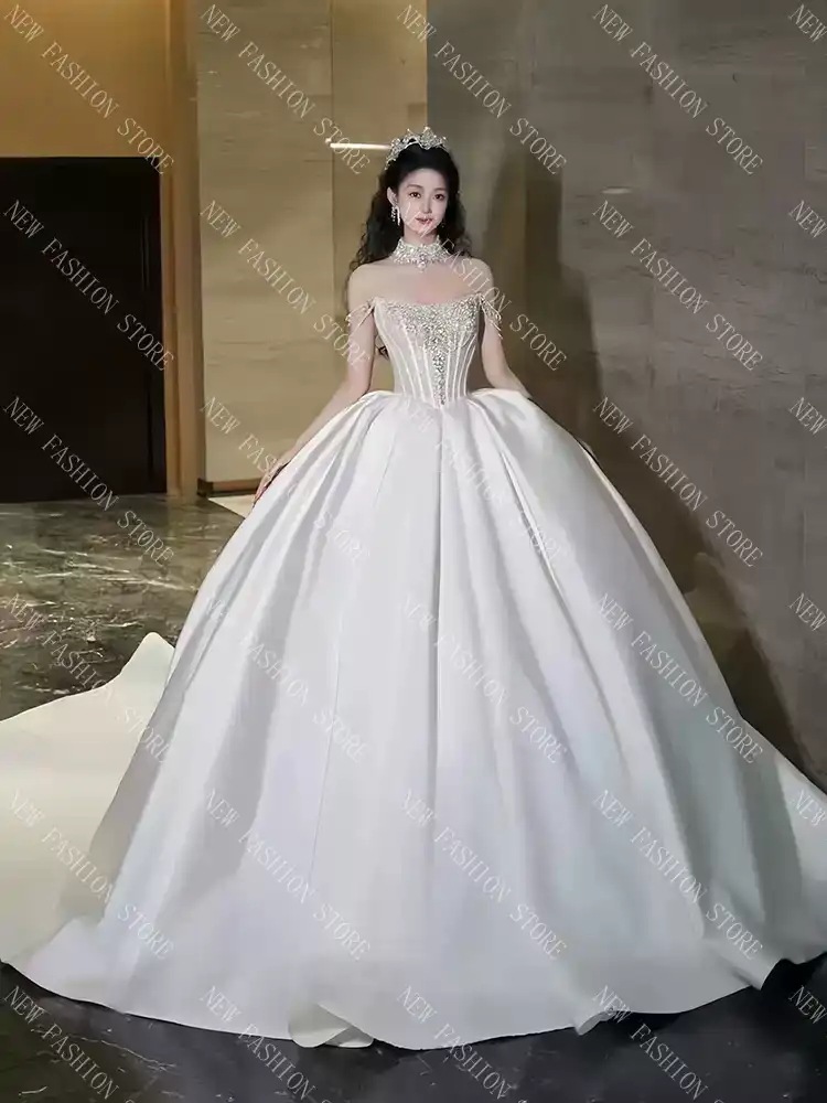 ワンショルダーウェディングドレス新型小柄フレンチドレスワンピース-91