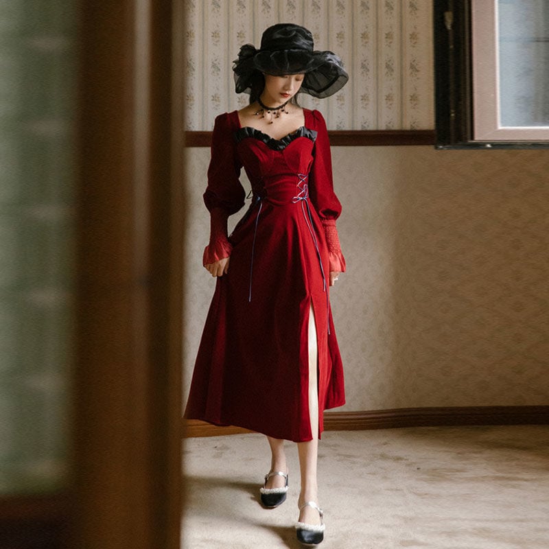 秋冬宮殿風レトロレッドベルベットドレス風ドレス逃亡王女の日常