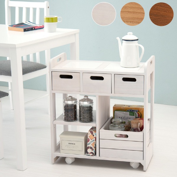 天然木キッチンワゴン 高さ62cm 耐熱タイル 机の下に収納可能 コンパクト 大容量収納 キャスター 完成品