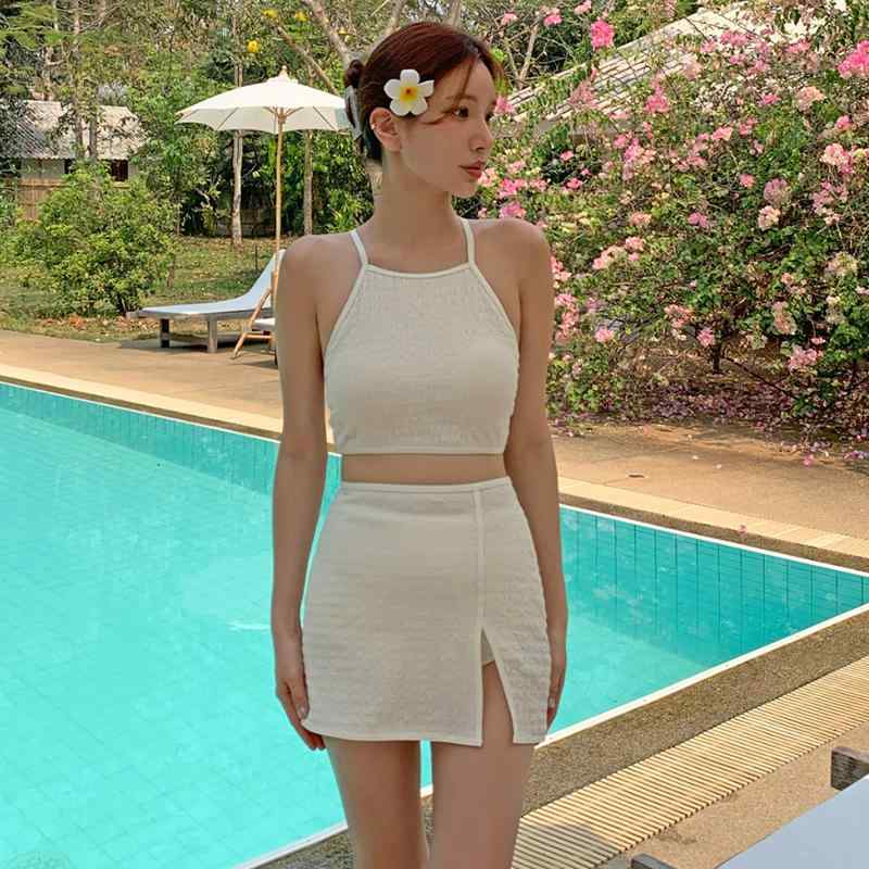 ビキニ レディース 水着 セパレート 上下セット 海 プール レトロ ハイウエスト パンツ スリット スカート シンプル 無地 アイボリー 赤 胸パッドあり 8,025円