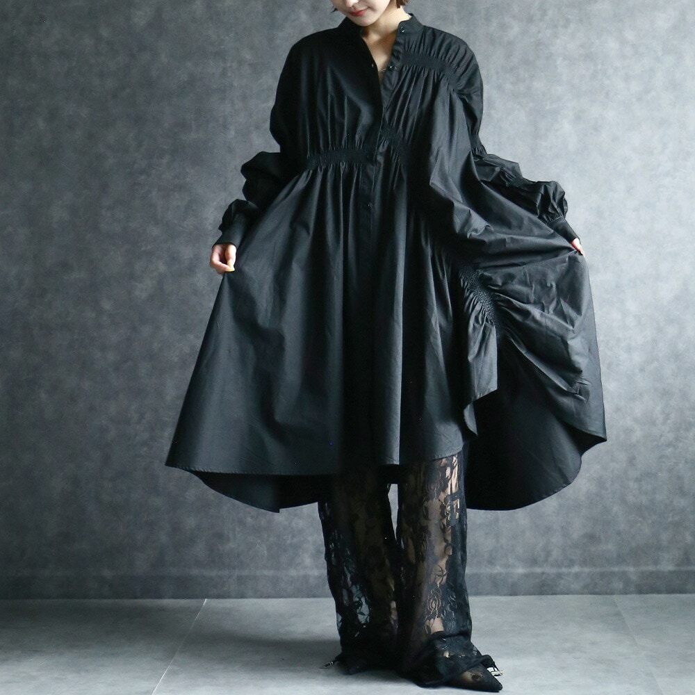 ワンピース シャツ シャツワンピース チュニック シャーリングシャツワンピース 長袖 黒 ブラック カジュアル モード シック レディース 送料無料