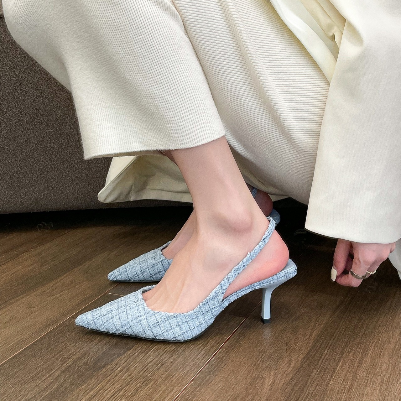パンプス バックストラップ ツイード ストラップ ピンヒール 韓国 オルチャン レディース ブラック 黒 存在感 レディースシューズ 痛くない サンダル 緑 グリーン ブルー 青