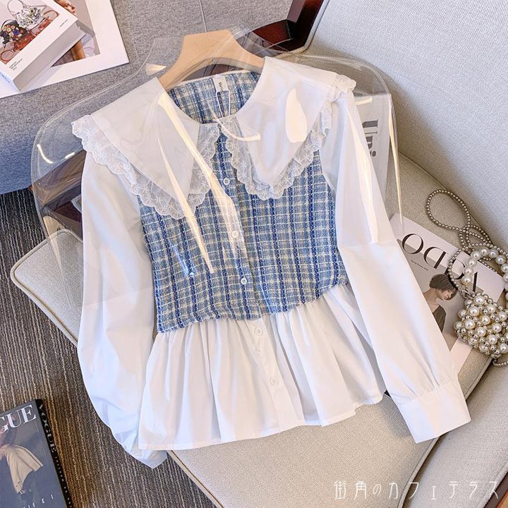 レディース トップス ブラウス レース チェック キュート ガーリー スウィート かわいい 体型カバー レトロ ギャザー 白 青 水色 ホワイト ブルー 長袖 20代 通勤 通学