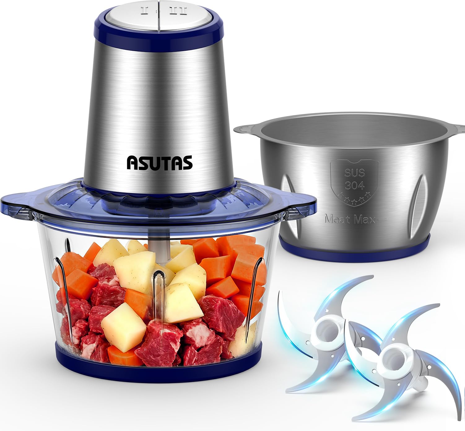 ASUTAS フードプロセッサー 2L大容量 【2ボウル】 1台5役 (刻む・混ぜる・潰す・砕く・粗おろし) 400Wハイパワー 2段階スピード 4枚刃カッター フードチョッパー 氷も砕ける ブレンダ