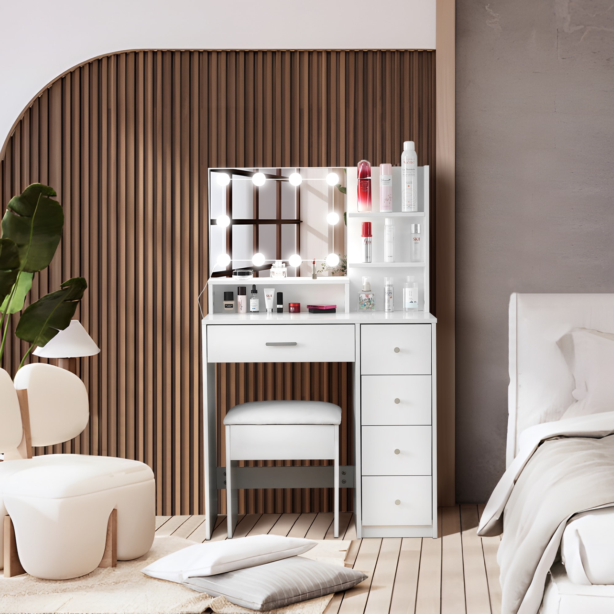 【日本発送】ドレッサー化粧台 テーブル 鏡台 LEDライト付き スツール付き 引き出し 収納 サイド収納 メイク台 シンプル 大容量 可愛い多機能一台多役ドレッサー化粧台