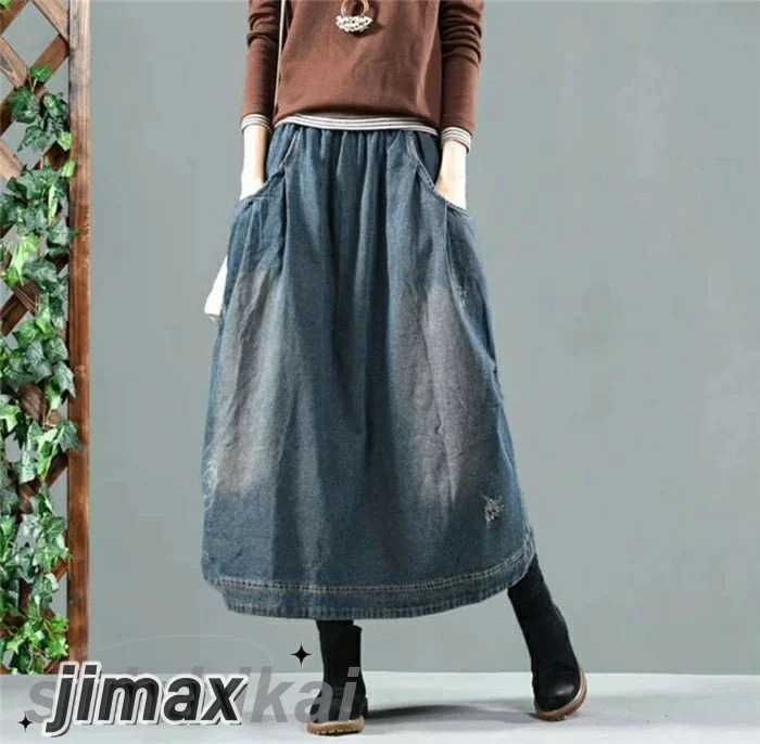 デニムスカート ロング 冬 ボトムス 秋冬 スカート ロングスカート レディース デニム ロング スカート ウエストゴム 大人 ボトムス カジュアル おしゃれ 体型カバー ミモレ丈 ユーズド加工 無地