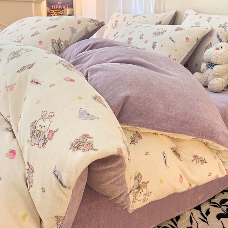 天牛乳絨毯ベッド上4点セット軽量高級感加厚サンゴフランネル布団カバーシーツベッド笠