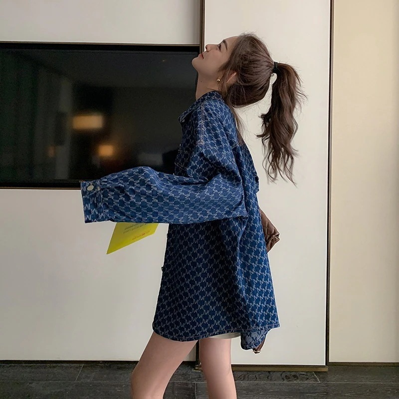 チェック柄シャツブラウスレディース春服デニムアウター韓国ファッション長袖トップスカジュアル流行りカーディガン