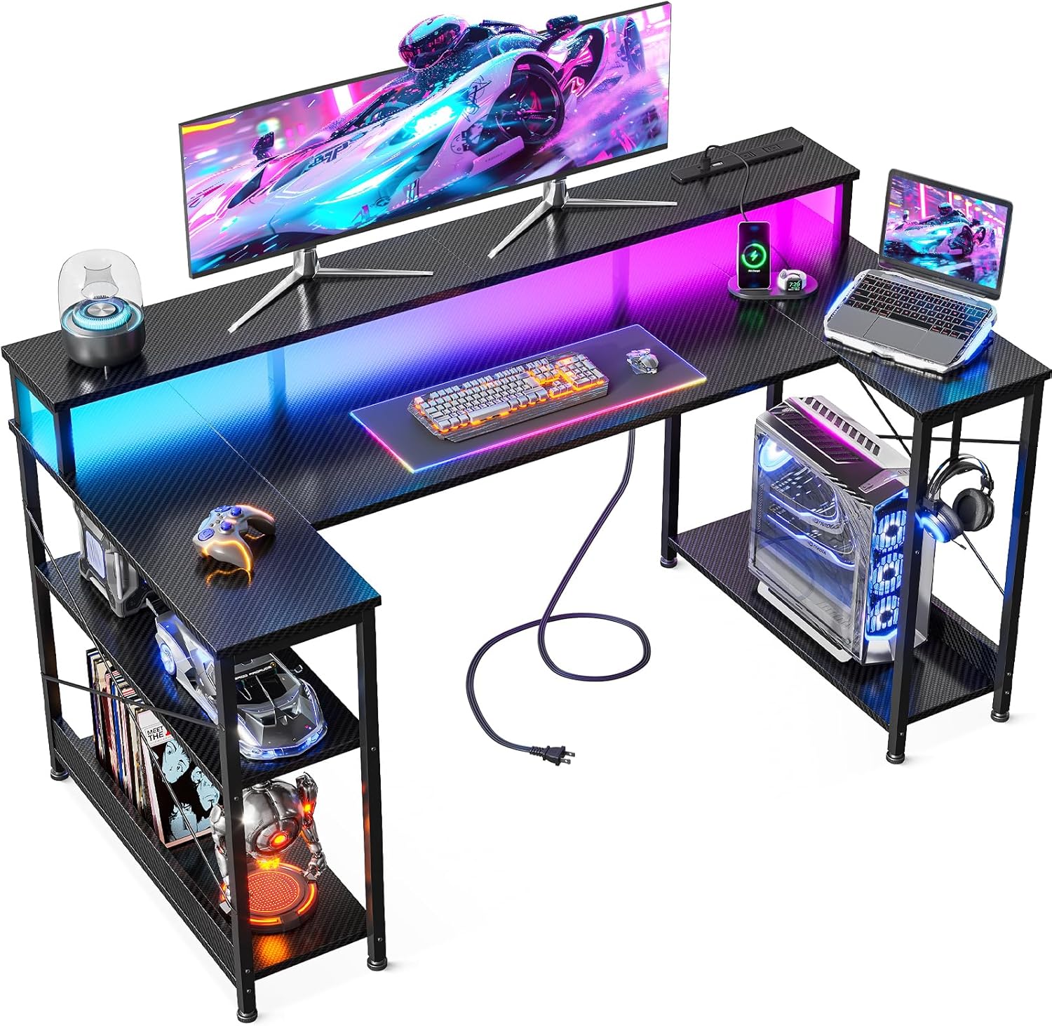 ゲーミングデスク ゲームデスク パソコンデスク U字型 幅120cm 両側ラック&コンセント付き 机 pcデスク ゲーミングテーブル LED&モニター台付き