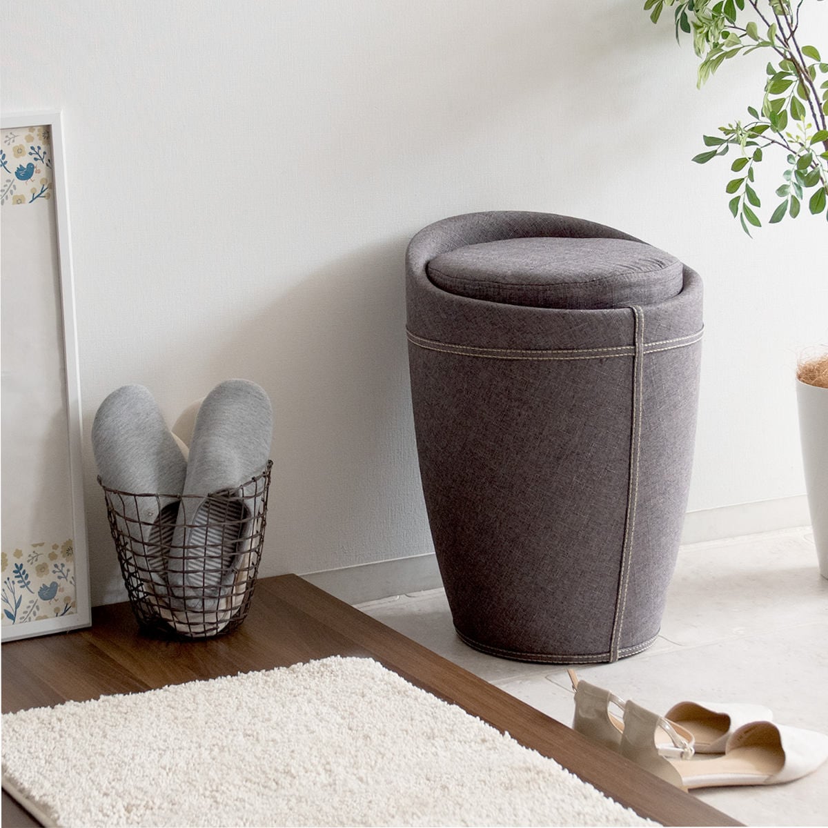 収納スツール 座面高46.5cm ファブリック スツール 収納 A4サイズ 椅子 座れる 収納ボックス 丸 ラウンド 腰掛け 持ち運び 小物収納 いす イス 1人掛け リビング 玄関