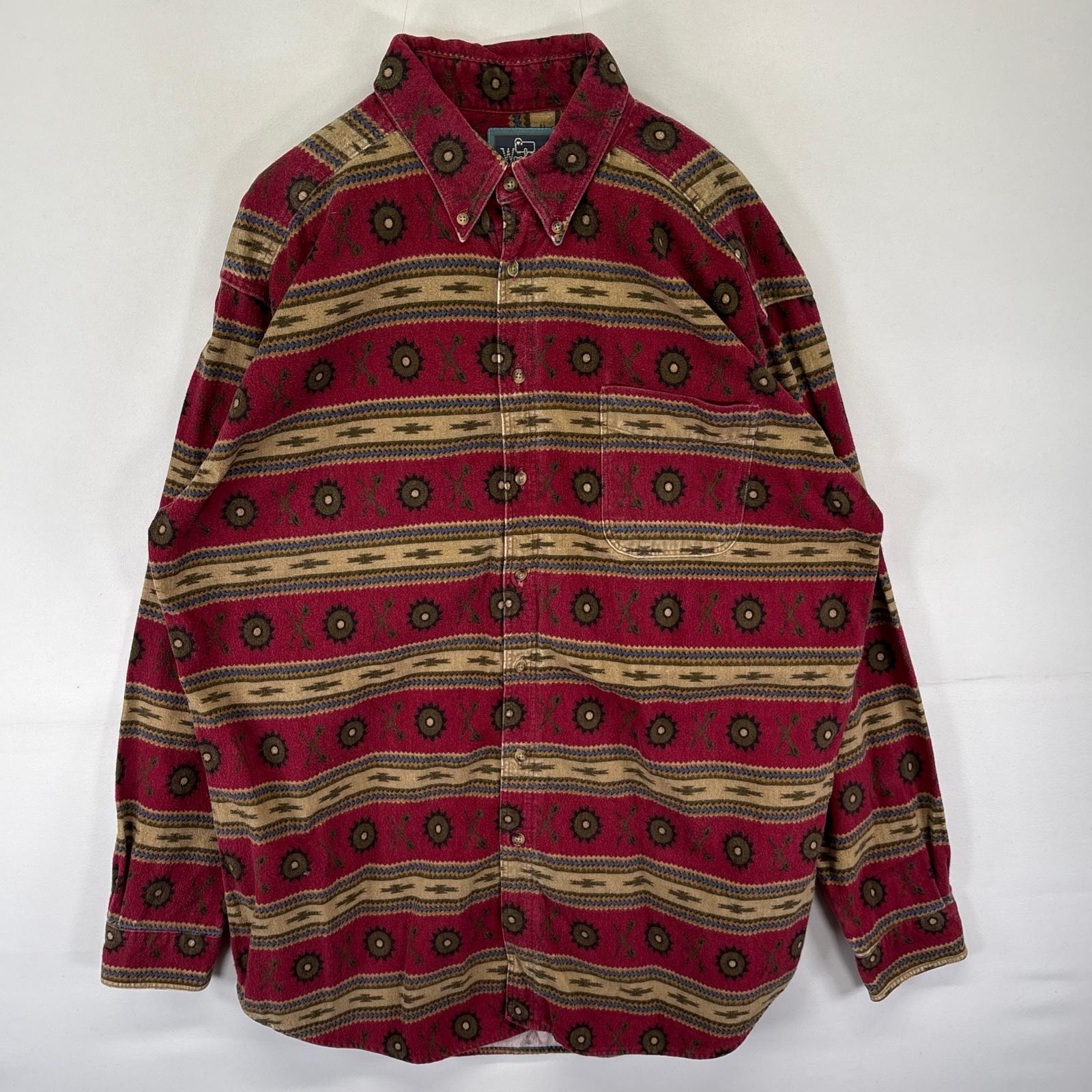 古着 90s/90年代 ウールリッチ Woolrich USA製 長袖シャツ ヘビーネル シャモア ネイティブ柄 XL ブラウン系 総柄 メンズ
