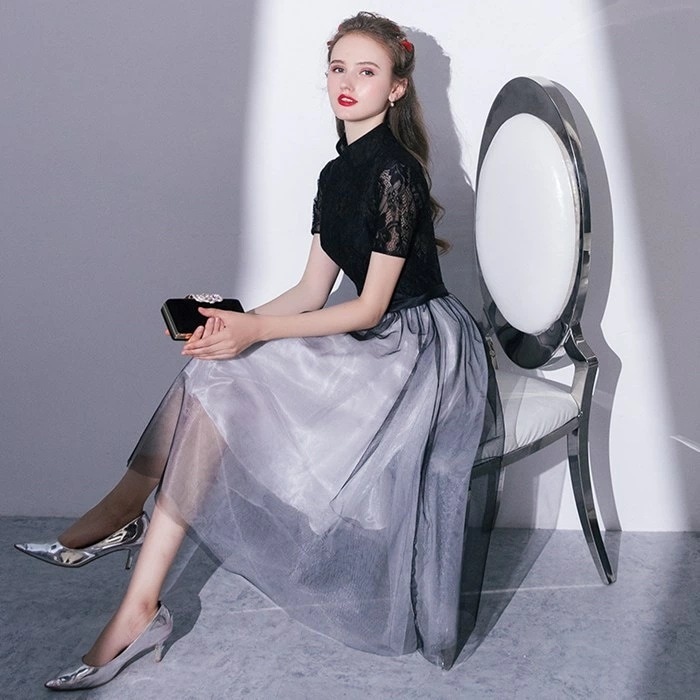 【本日限り激安SALE】結婚式 ワンピース　パーティードレス 二次会　チャイナドレス　演奏会　黒ドレス 大きいサイズ　膝丈 花柄レーズフレア袖 パーティードレス お呼ばれ ミモレ丈ドレス ウェディング