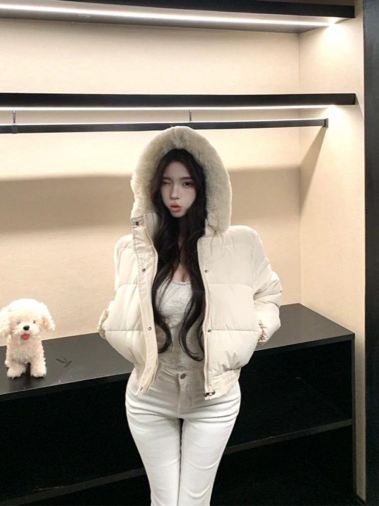 ファー付きフード付きダウンジャケット アウター レディース 冬季 小柄 ショート丈 パンコート ホワイト 綿詰め 厚手 保温性 綿衣