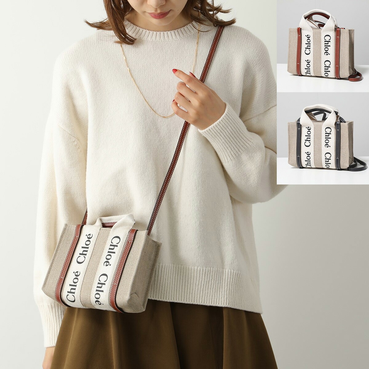 Chloe クロエ ショルダーバッグ WOODY MINI ウッディ ミニ CHC22AP237I26 レディース リネン キャンバス×レザー トート ハンドバッグ ロゴ 鞄 カラー2色 57,341円