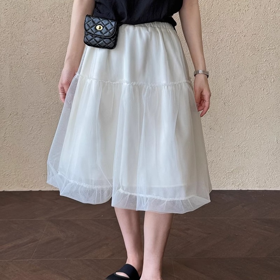 スカート チュールスカート ミディアムスカート フレアスカート チュールレースフレアスカート ウエストゴム ミディアム丈 ひざ下丈 透け感 レース シースルー シアースカート 切り替え レディース
