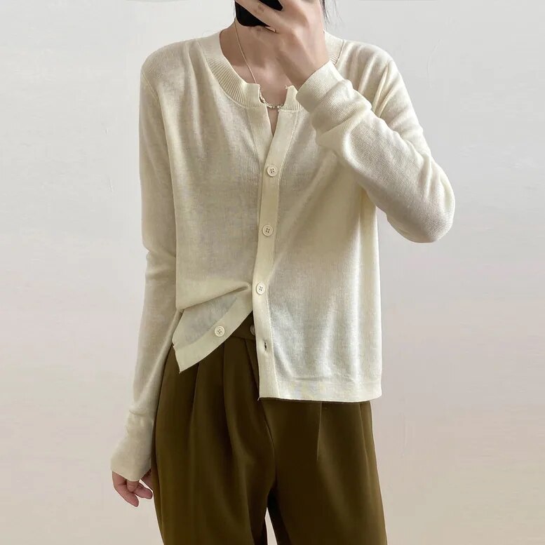 6color レディース クルーネック薄手ニットカーディガン トップス カーディガン