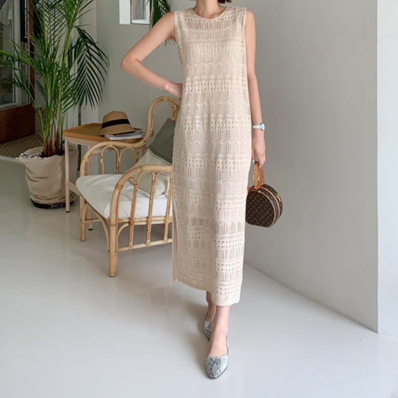 3color レディース ワンピース ロング丈 スリット ホワイト ベージュ ブラック エレガント