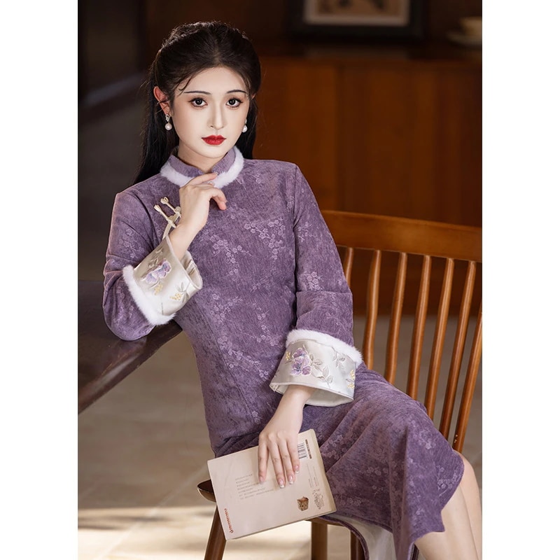 ワンピースドレスドレス紫色の改変チョンサム2025エレガントな気質新しい人レトロ漢服スタイルの若い女性冬の冬