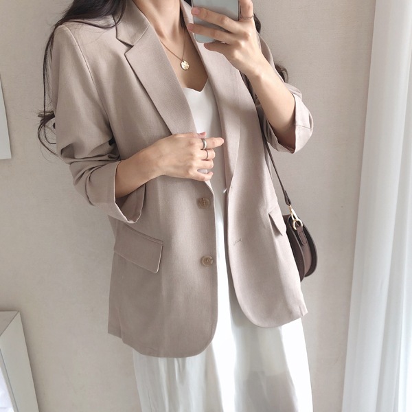 送料0円!韓国ファッション端正な魅力 ルーズフィット ブレザー リネンジャケット(outer1190)