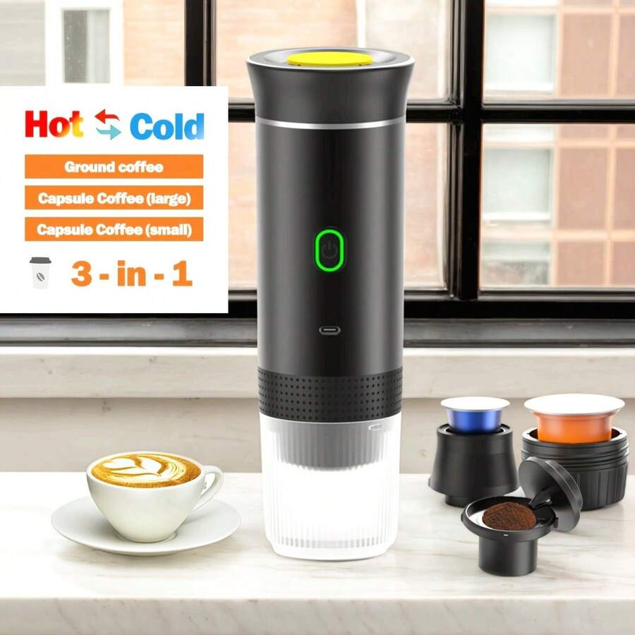 3in1 ポータブル 電動コーヒーメーカーType-C接続(2500mAhリチウムバッテリー付属)ホット&コールドデュアルモード ワイヤレス加熱 20バール高圧抽出60秒高速加熱