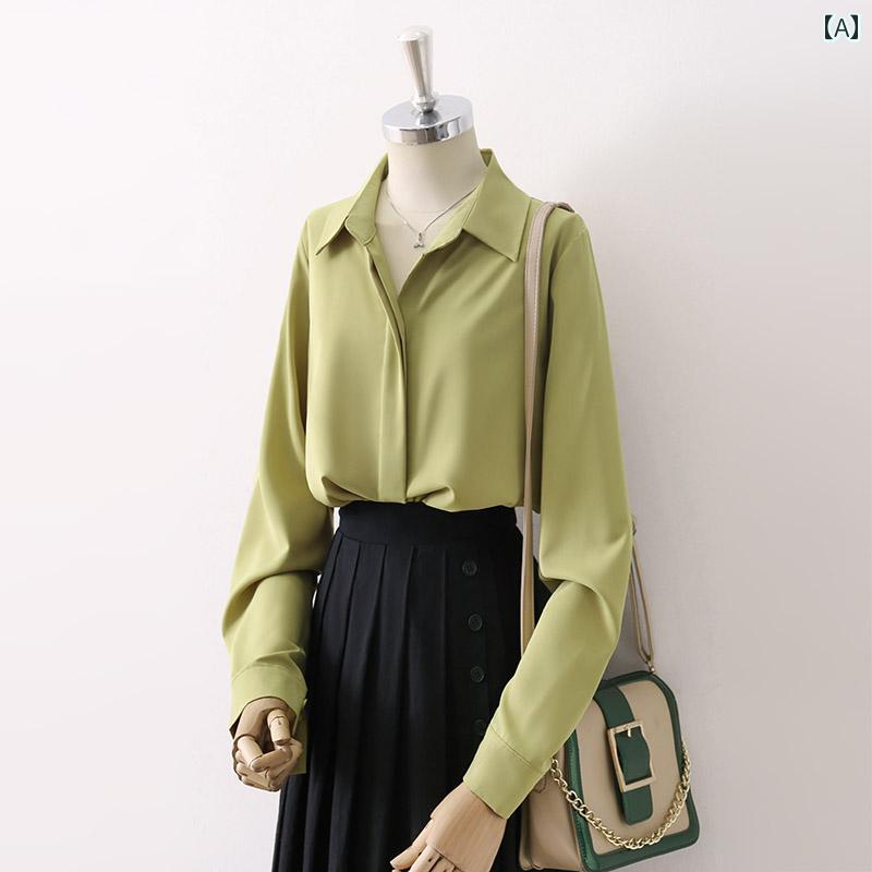 レディース トップス ブラウス 春 ドレープ グリーン シンプル 通勤 オフィス シャツ OL インナーウェア フェミニン フォーマルシャツ