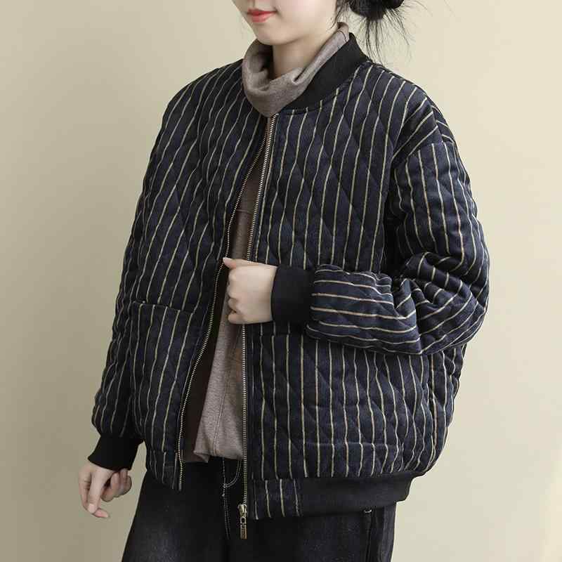 秋服 レディース ファッション オシャレ カワイイ シンプル 大人カワイイ 大きいサイズ フレンチ 冬 ストライプ 襟 コットンコート ジャケット キルティング 暖かい 綿 コート